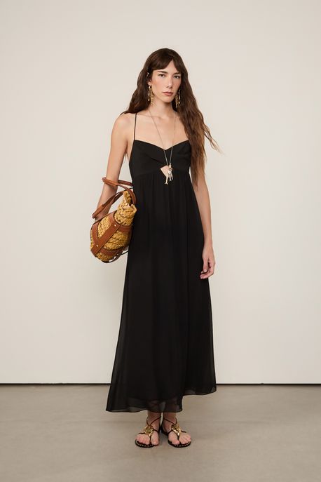 Vestido De Seda Com Cut Preto Preto - 36