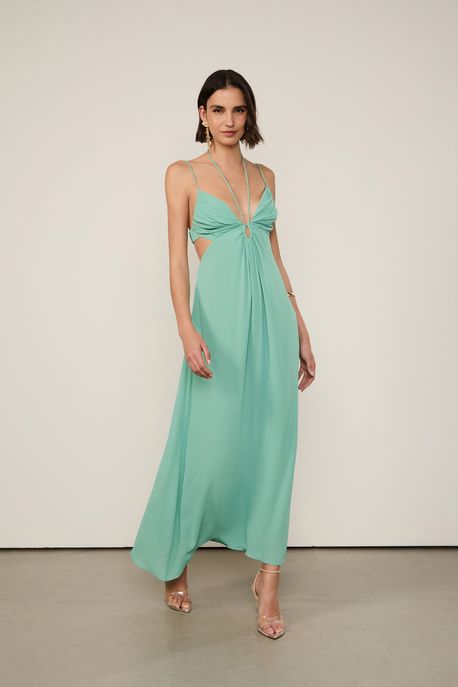 Vestido De Georgette Midi Com Amarração Verde Verde Hortela - 40