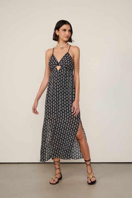 Vestido De Georgette Com Cut Estampado Est Grav Pin Preto - 38