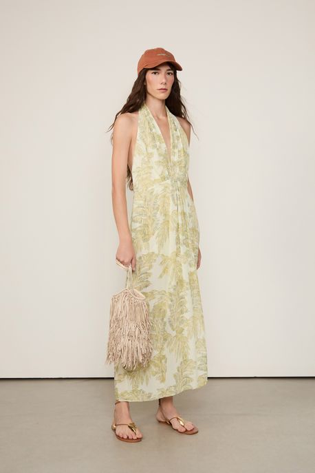 Vestido De Georgette Midi Com Fenda Estampado Est Folhagem Plumes Off - 36
