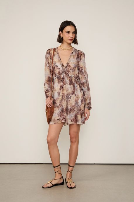 Vestido De Georgette Curto Com Decote v Estampado Croco Color - 40