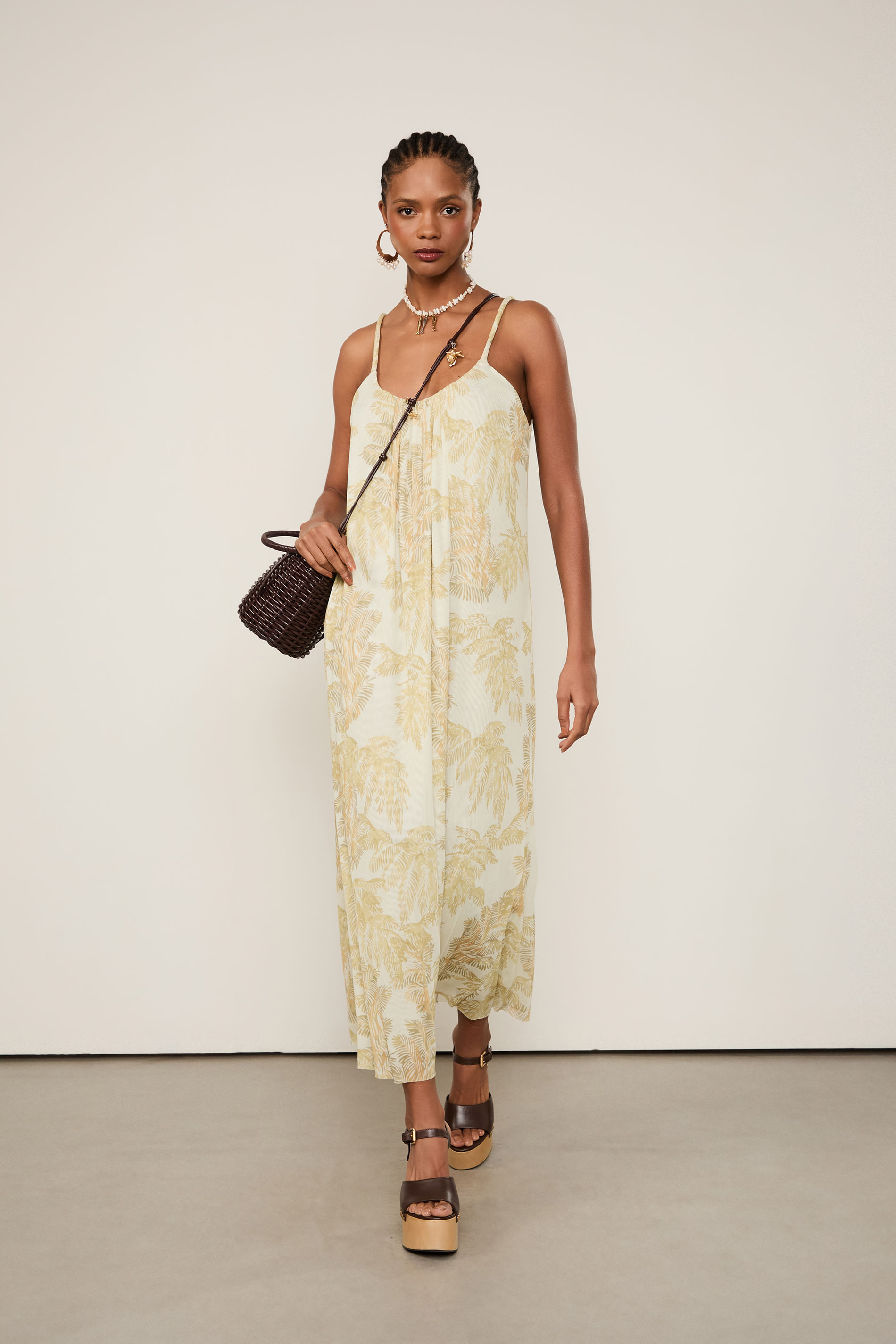 Vestido Tule Reto Estampado Folhagem Plumes Off