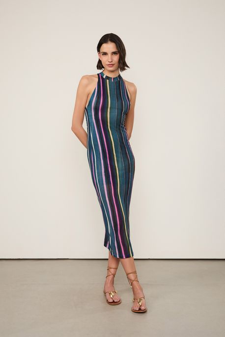 Vestido Midi Gola Estampa Listra Marina Color Est Listra Marina Color p - GG