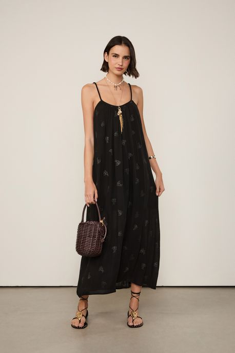 Vestido Midi Bordado Coral Preto - 38