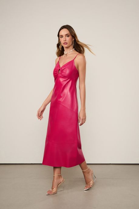 Vestido De Couro Midi Detalhe Busto Vermelho Calda - 42