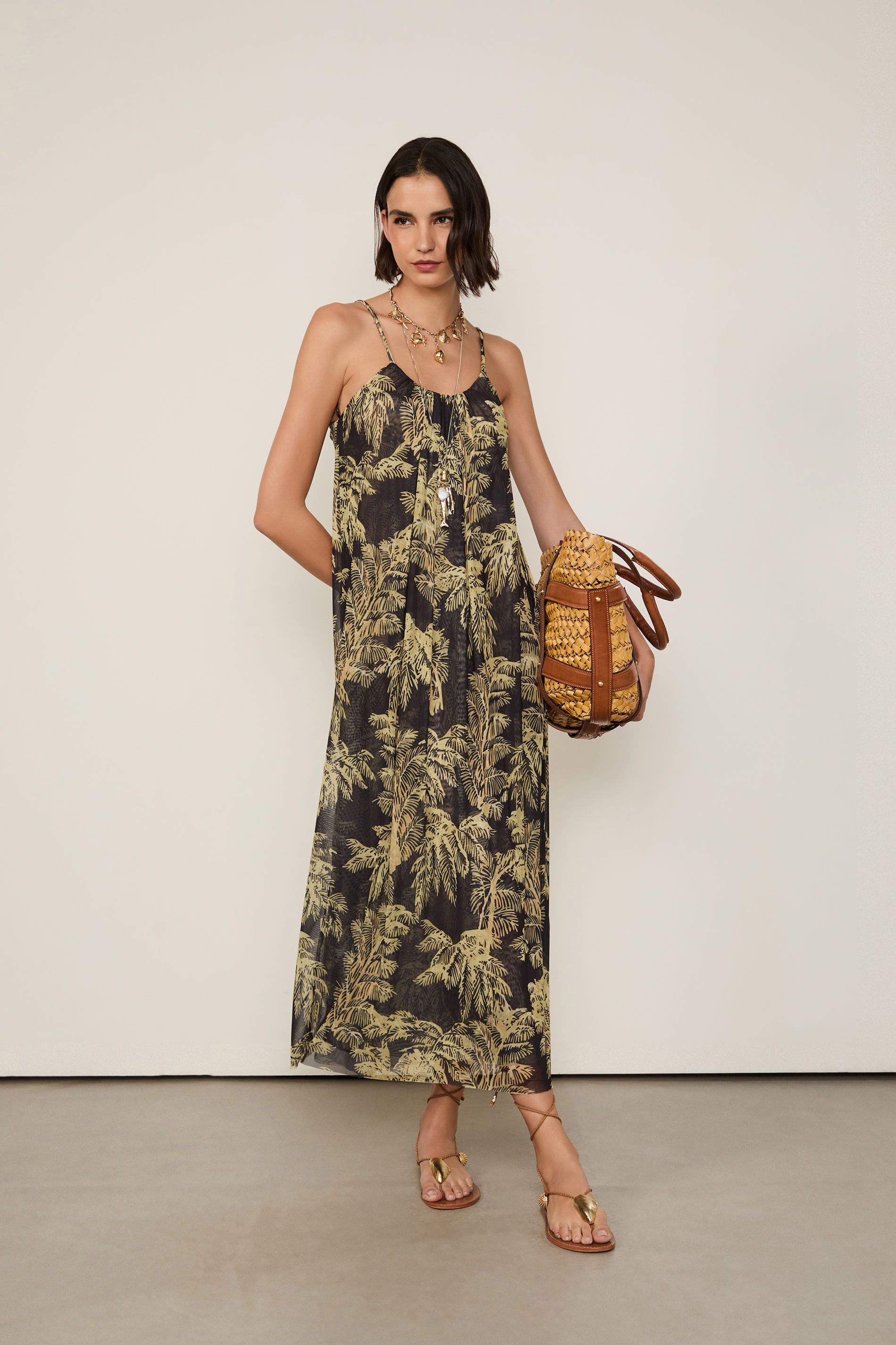 Vestido Tule Reto Estampado Folhagem Plumes Preto