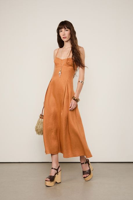 Vestido De Linho Midi Marrom Caramelo Marrom Caramelo - 38