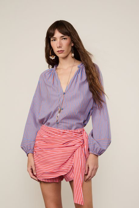 Short Saia Voil Listrado Laranja Seringueti/Lilas Hortensia - 40
