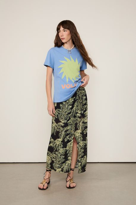 Saia De Georgette Midi Com Amarraçãp Estampado Est Folhagem Plumes Preto - 36