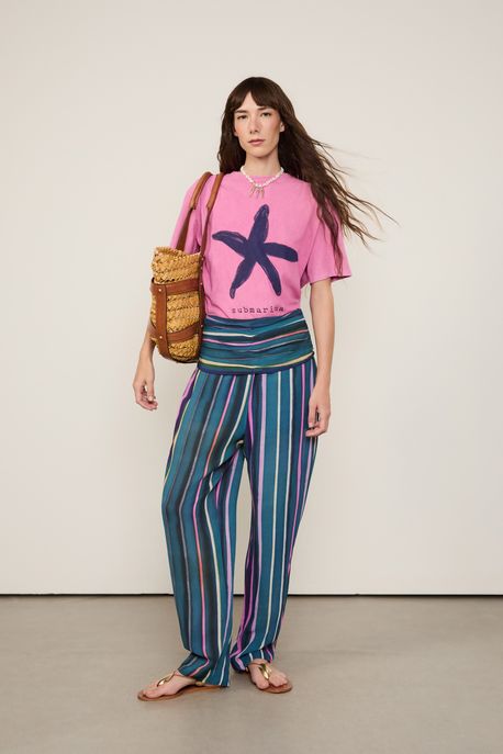 Calça De Georgette Com Franzido Estampado Est Listra Marina Color - 44