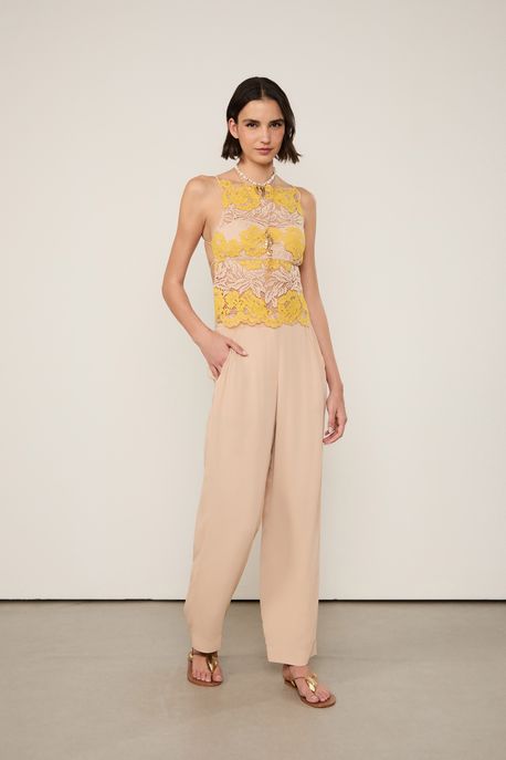 Calça De Georgette Reta Com Bolsos Bege Bege Amendoado - 38