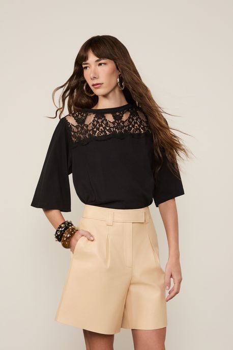 Blusa Bata Renda Preto Preto - GG
