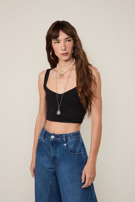 Blusa Decote Quadrado Corpo Franzido Preto - GG