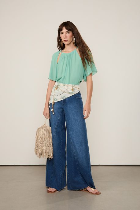 Blusa De Georgette Franzida Com Cut Verde Verde Hortela - 40