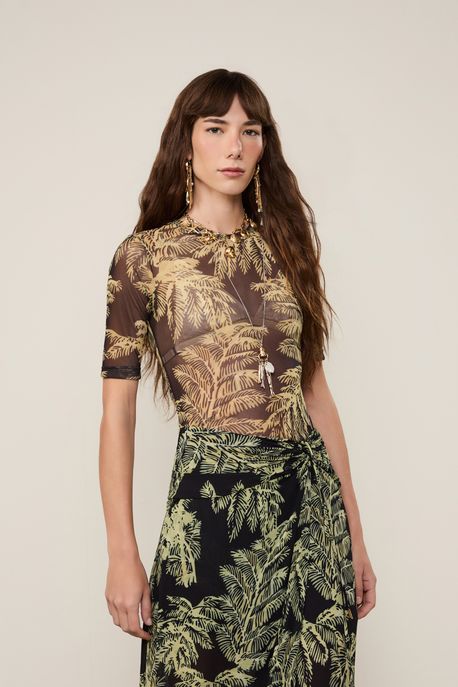 Blusa Tee Manga Media Tule Estmapada Folhagem Plumes Preto Est Folhagem Plumes Preto - M