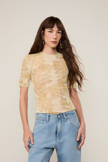 Blusa Tee Manga Media Tule Folhagem Plumes Off Est Folhagem Plumes Off - PP
