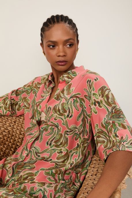 Vestido De Seda Chemise Midi Manga Curta Estampado Est Folhagem Algas Color - 34