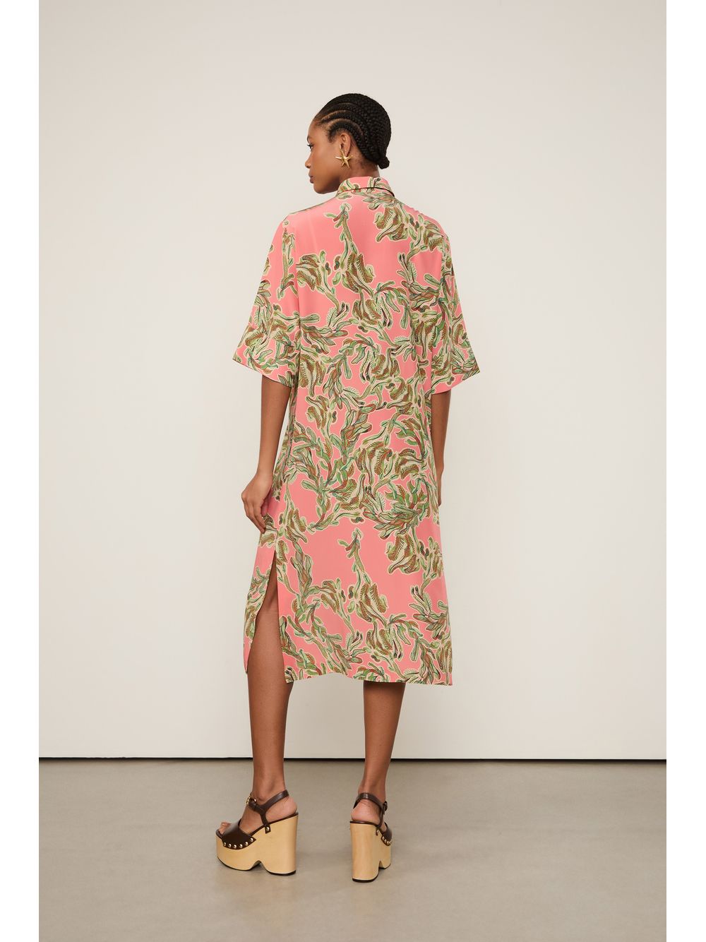 Animale — Vestido De Seda Chemise Midi Manga Curta Estampado