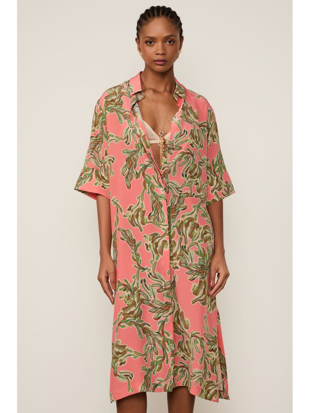 Animale — Vestido De Seda Chemise Midi Manga Curta Estampado