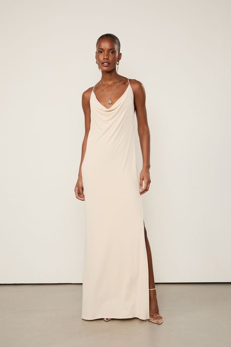 Vestido Jersey Longo Alça Hotfix Bege Nevasca - P