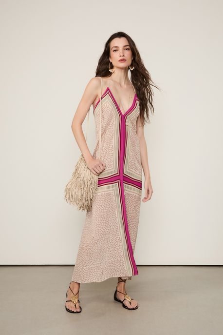 Vestido Longo Decote v Estampado Est Lenço Textura Square Begonia - 36