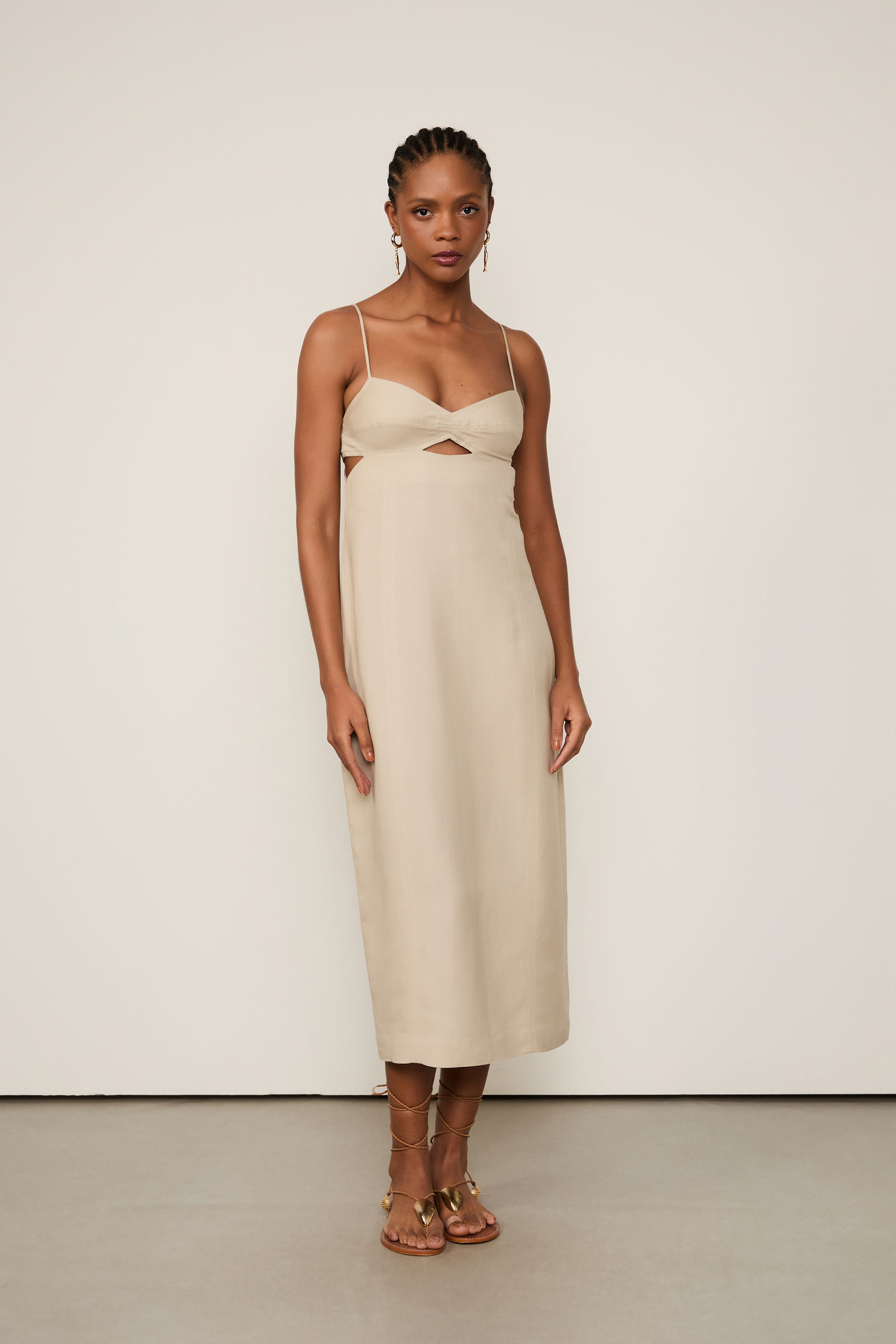 Vestido Midi Com Linho Chino