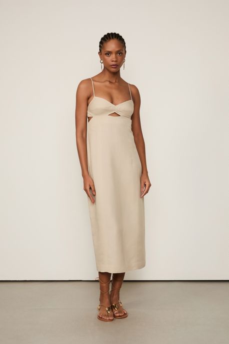 Vestido Midi Com Linho Chino Marrom Kahn - 34