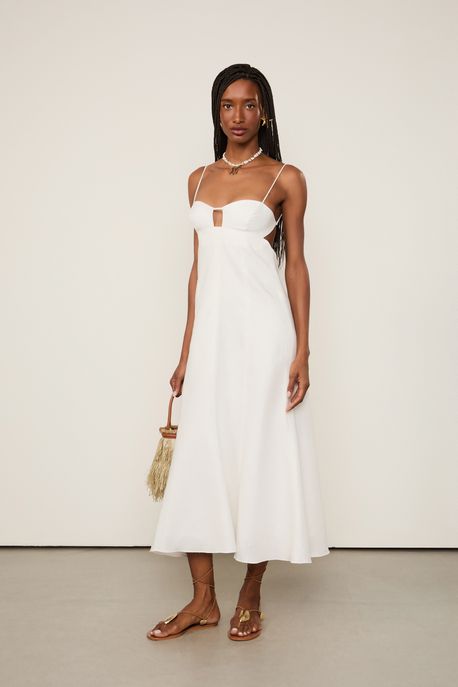 Vestido De Linho Midi Branco Amarracao Costas Off White - 42