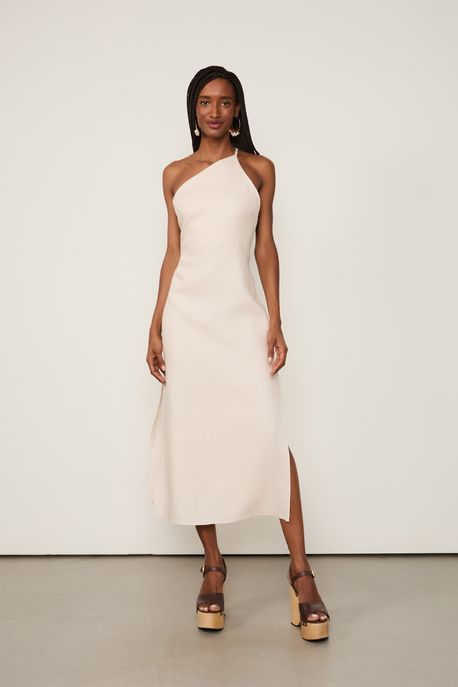 Vestido De Linho Midi Com Bordados Na Alça Bege Nevasca - 42