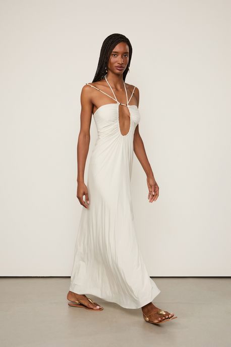 Vestido Jersey Longo Alça Berloques Cinza Birch - PP