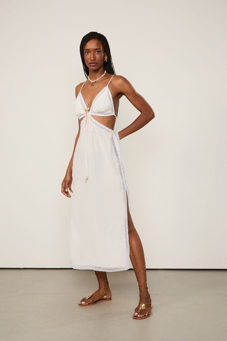 Vestido De Seda Midi Off-White Renda Aplicada Off White - 40