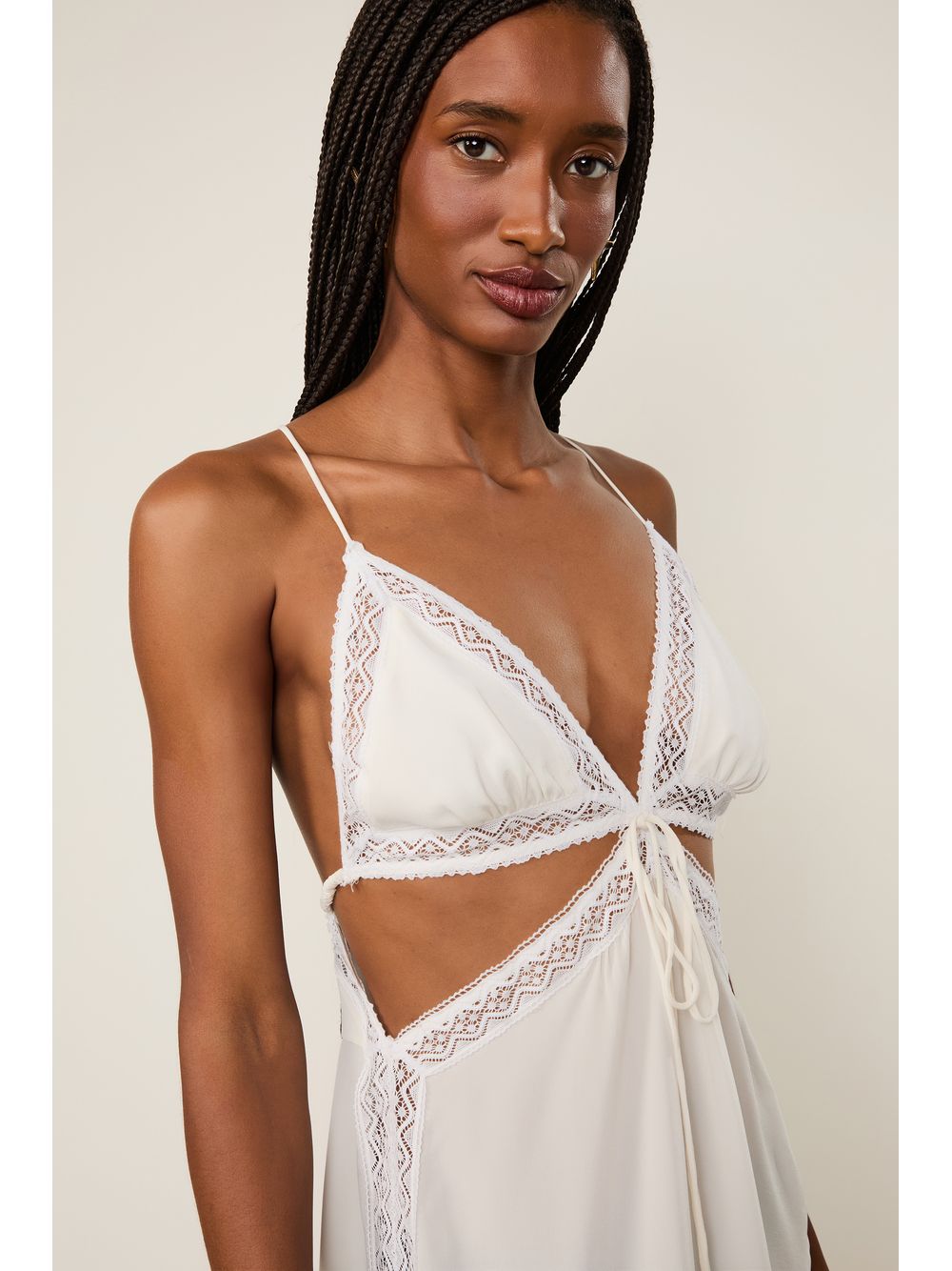 Animale — Vestido De Seda Midi Off-White Renda Aplicada