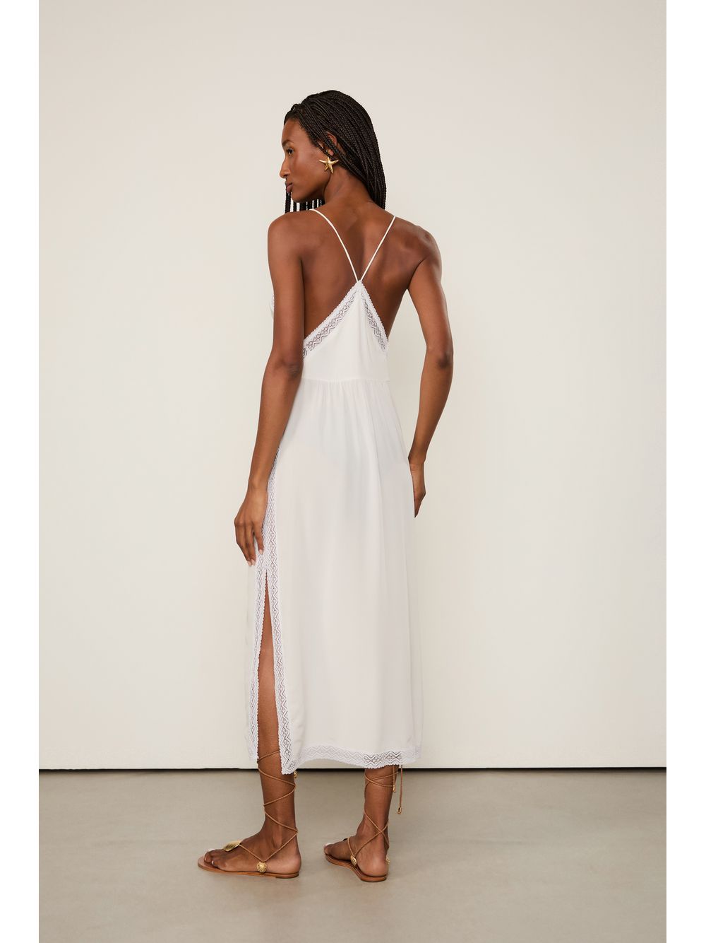 Animale — Vestido De Seda Midi Off-White Renda Aplicada
