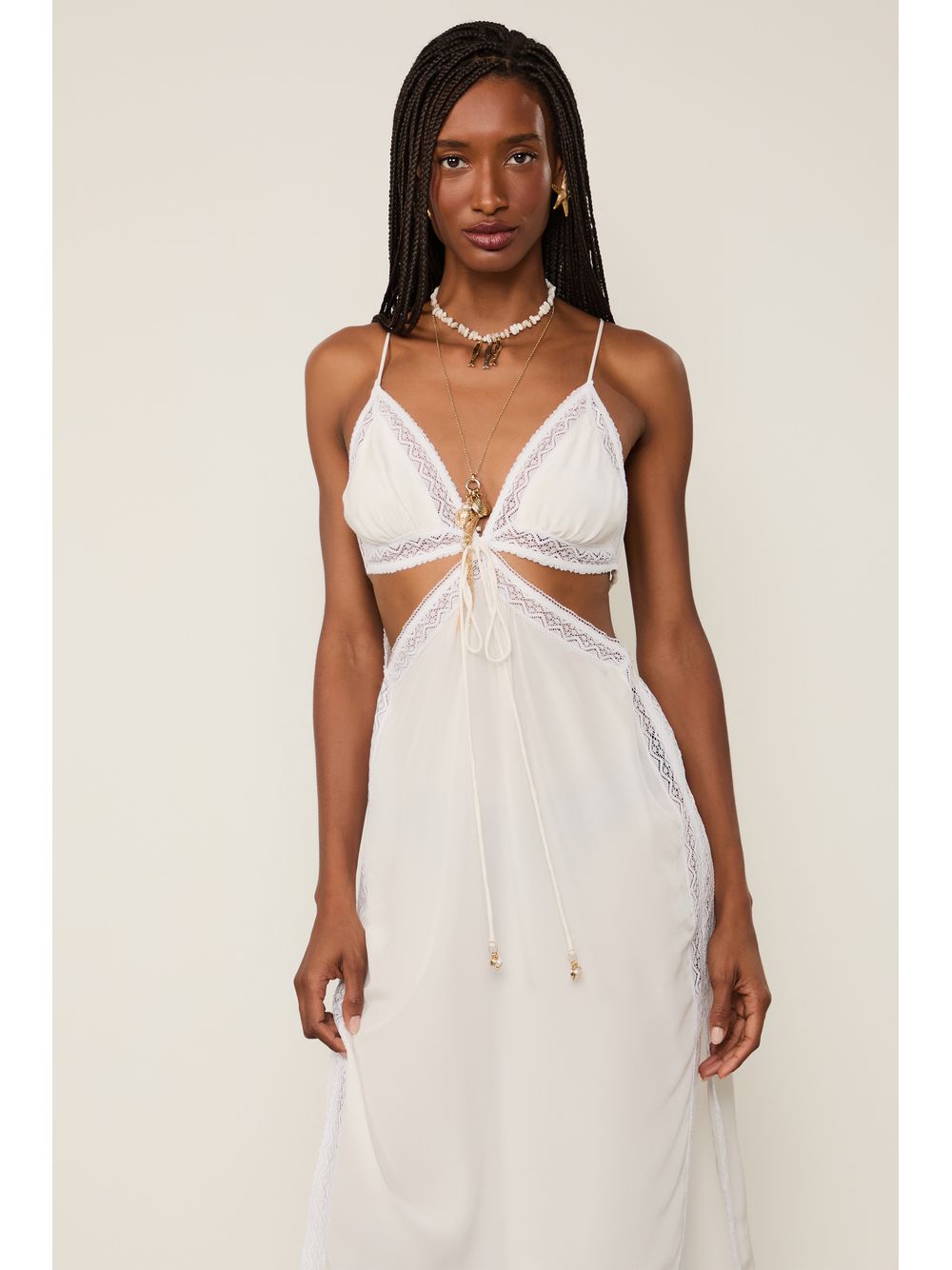 Animale — Vestido De Seda Midi Off-White Renda Aplicada
