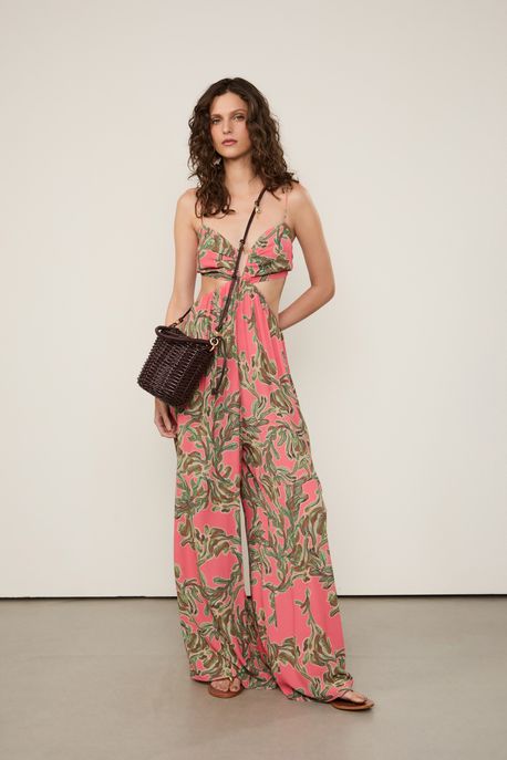 Macacão De Georgette Pesado Pantalona Estampado Est Folhagem Algas Color - 36