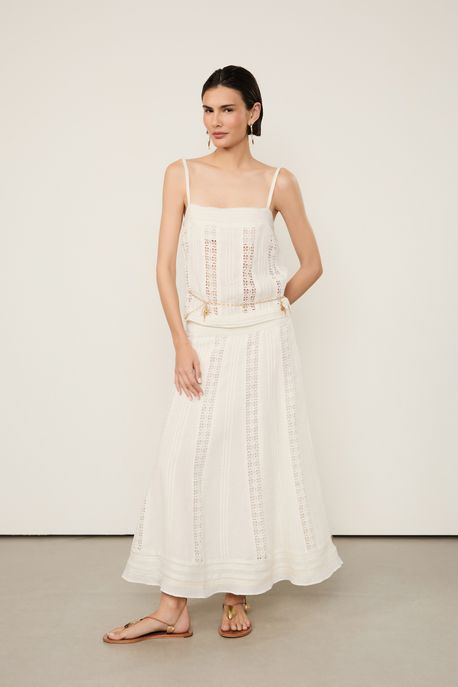 Saia Midi Com Tiras Bordadas Off White - 38