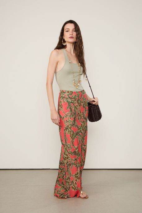 Saia De Georgette Leve Longa Estampada Est Folhagem Algas Color - 40