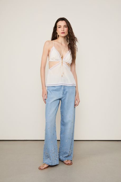 Calça Jeans 5 Pockets Cintura Baixa Bordada Jeans Medio - 44