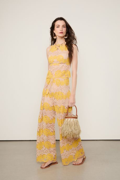 Calça De Renda Pantalona Bicolor Amarelo Sulphur / Bege Amendoado - 42