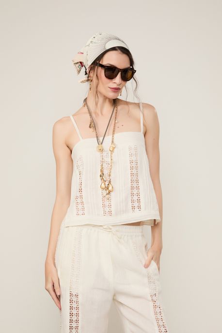 Regata De Alcinha Com Tiras Bordadas Off White - 34