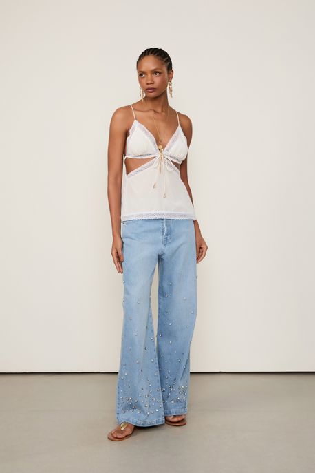 Blusa De Seda De Alça Off-White Renda Aplicada Off White - 36