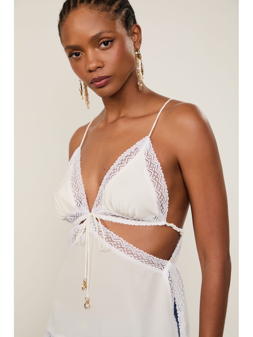 Animale — Blusa De Seda De Alça Off-White Renda Aplicada