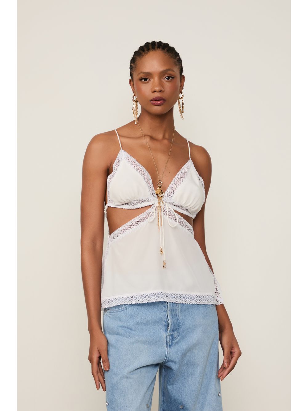 Animale — Blusa De Seda De Alça Off-White Renda Aplicada
