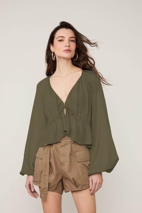 Blusa De Georgette Com Decote Verde Verde Militar - 42