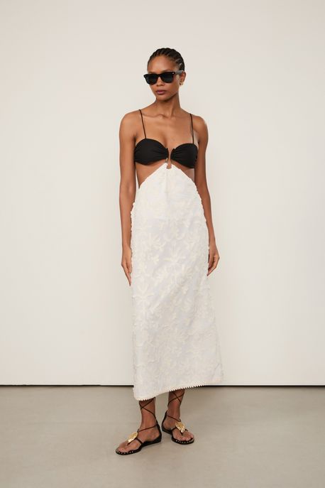 Vestido Mix Tecidos Midi Pb Folhagem Resort Off White - 38