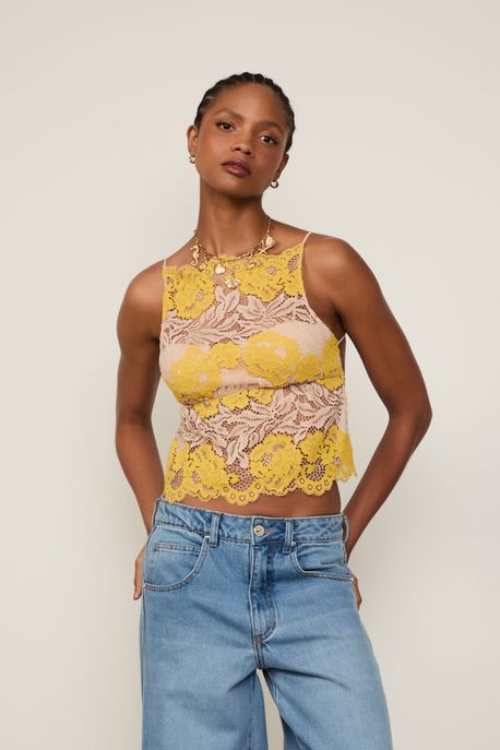 Top De Renda Frente Única Bicolor Amarelo Sulphur / Bege Amendoado - 44