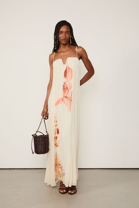 Vestido De Gerogette Longo Estampado Com Detalhe Do Decote Est Loc Fig Mar Flor Color - 34