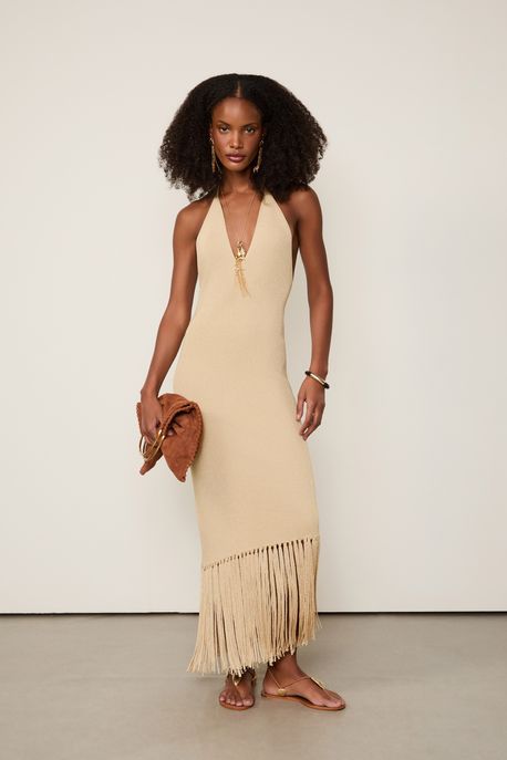 Vestido De Tricot Frente Única Dourado Com Franjas Dourado - P