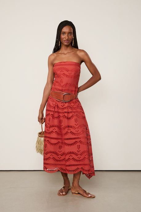 Vestido Midi Sem Alça De Laise Geométrica Marrom Ambar - 38