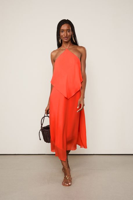 Vestido De Georgette Leve Midi Laranja Pontas Laranja Spice - 34